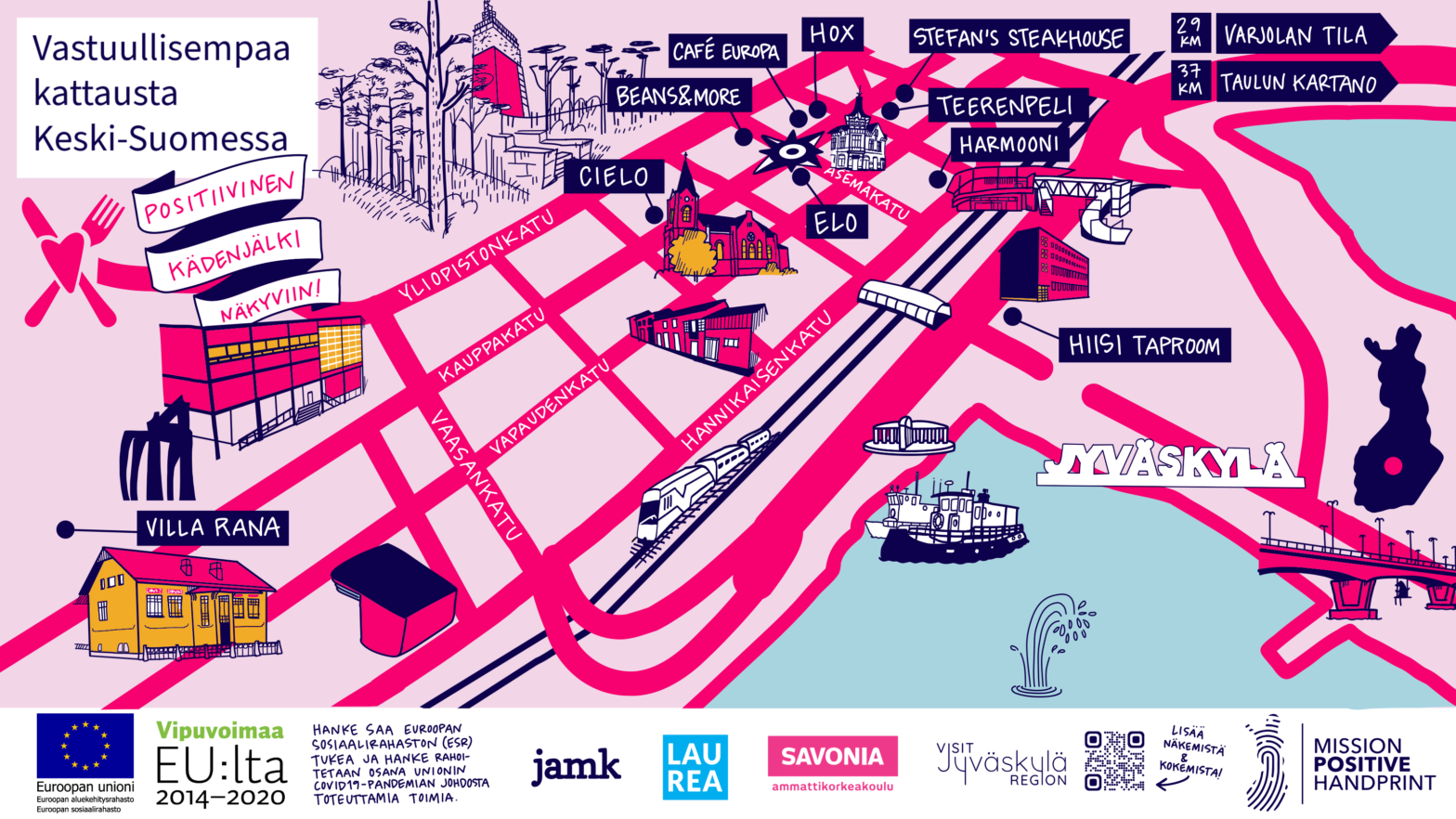 Linda Saukko-Raudan visualisoima kartta hankkeen Keski-Suomalaisista ravintoloista.